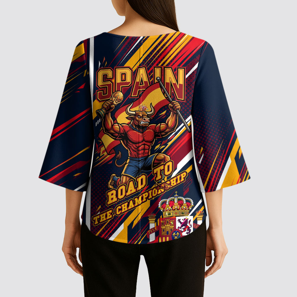 Spain Football Road To Championship Kimono Sleeve Blouse Bull Mascot Flying Soccer Ball - Dynamic Speed Stripes