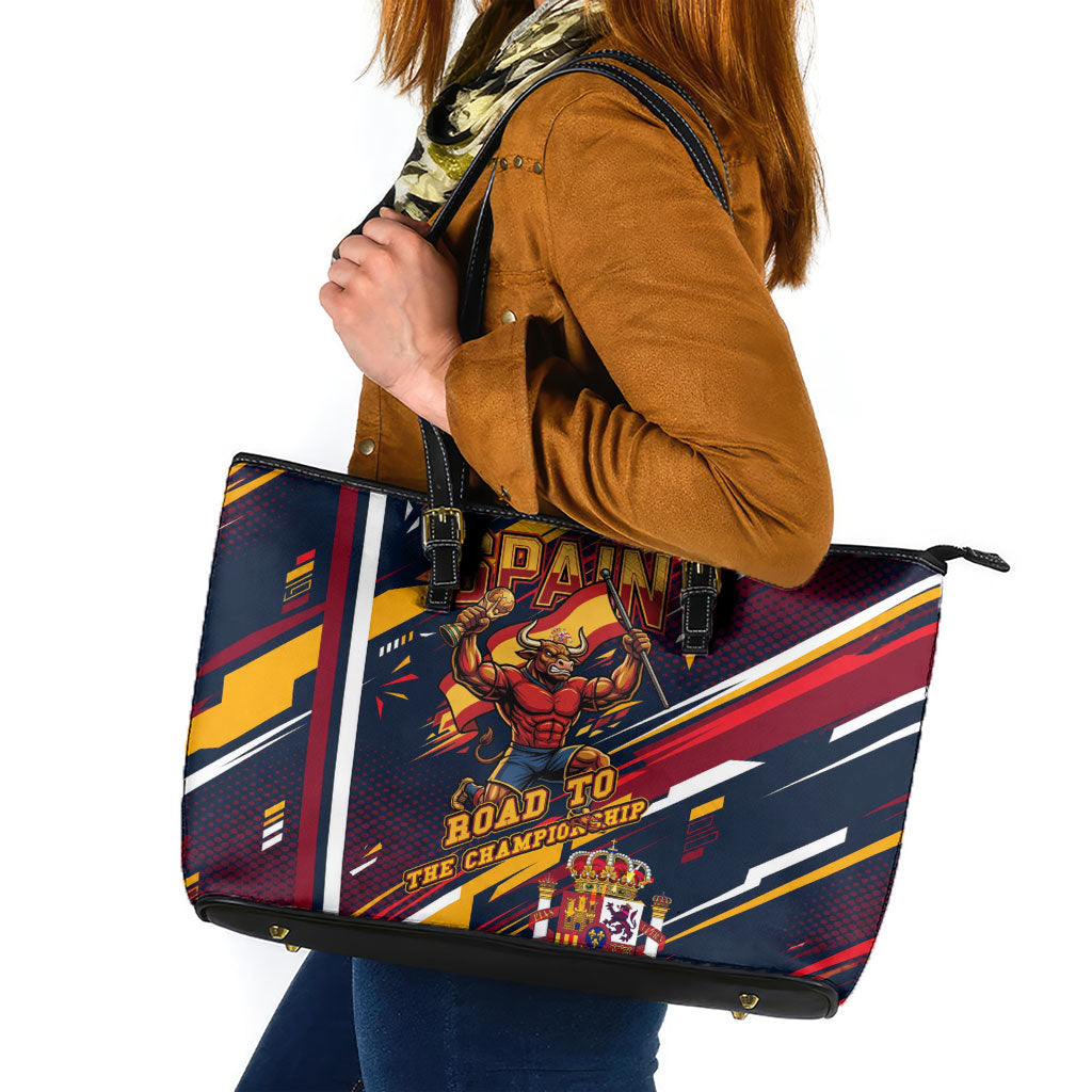 Spain Football Road To Championship Leather Tote Bag Bull Mascot Flying Soccer Ball - Dynamic Speed Stripes