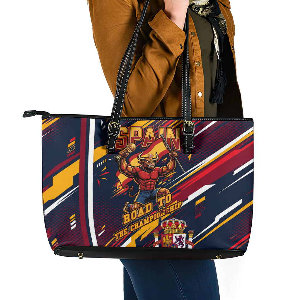Spain Football Road To Championship Leather Tote Bag Bull Mascot Flying Soccer Ball - Dynamic Speed Stripes