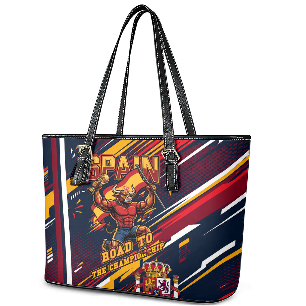 Spain Football Road To Championship Leather Tote Bag Bull Mascot Flying Soccer Ball - Dynamic Speed Stripes