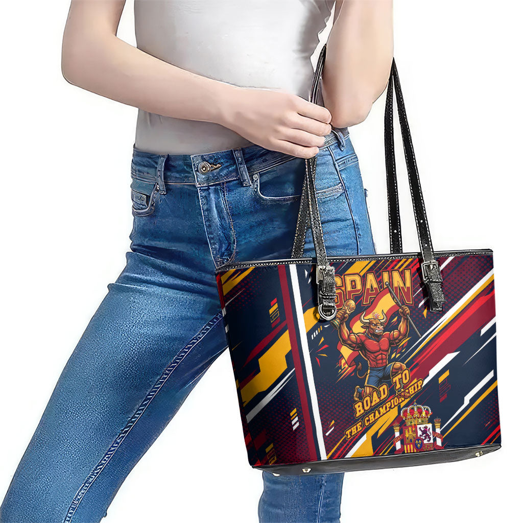 Spain Football Road To Championship Leather Tote Bag Bull Mascot Flying Soccer Ball - Dynamic Speed Stripes