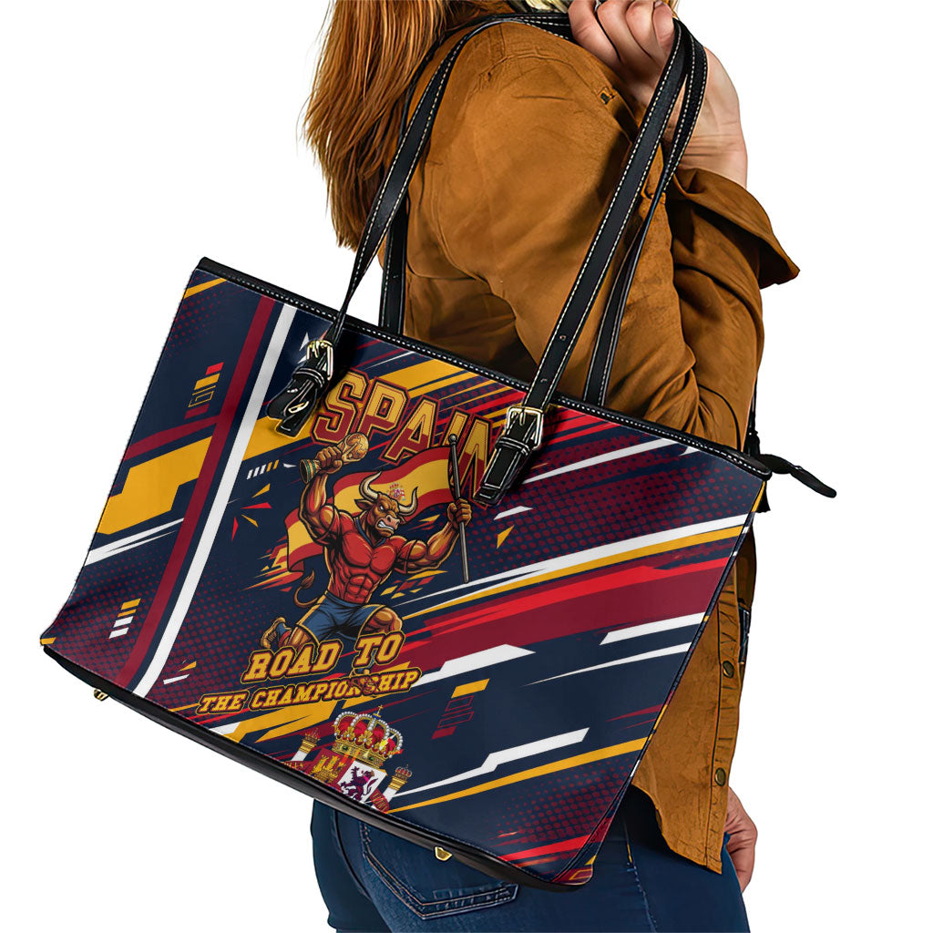 Spain Football Road To Championship Leather Tote Bag Bull Mascot Flying Soccer Ball - Dynamic Speed Stripes