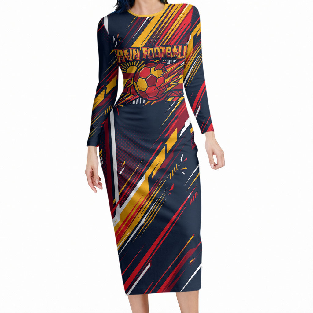 Spain Football Road To Championship Long Sleeve Bodycon Dress Bull Mascot Flying Soccer Ball - Dynamic Speed Stripes