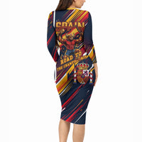 Spain Football Road To Championship Long Sleeve Bodycon Dress Bull Mascot Flying Soccer Ball - Dynamic Speed Stripes