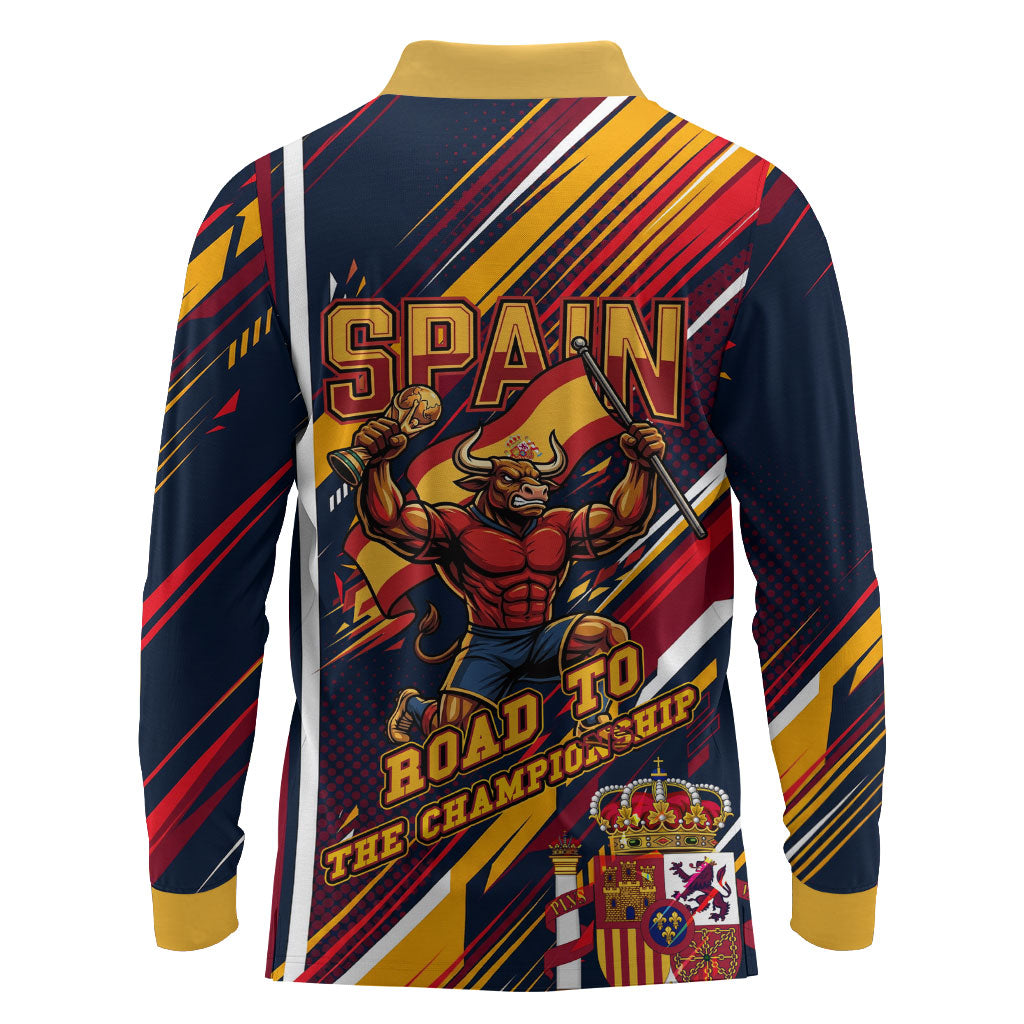 Spain Football Road To Championship Long Sleeve Polo Shirt Bull Mascot Flying Soccer Ball - Dynamic Speed Stripes