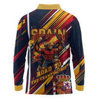 Spain Football Road To Championship Long Sleeve Polo Shirt Bull Mascot Flying Soccer Ball - Dynamic Speed Stripes