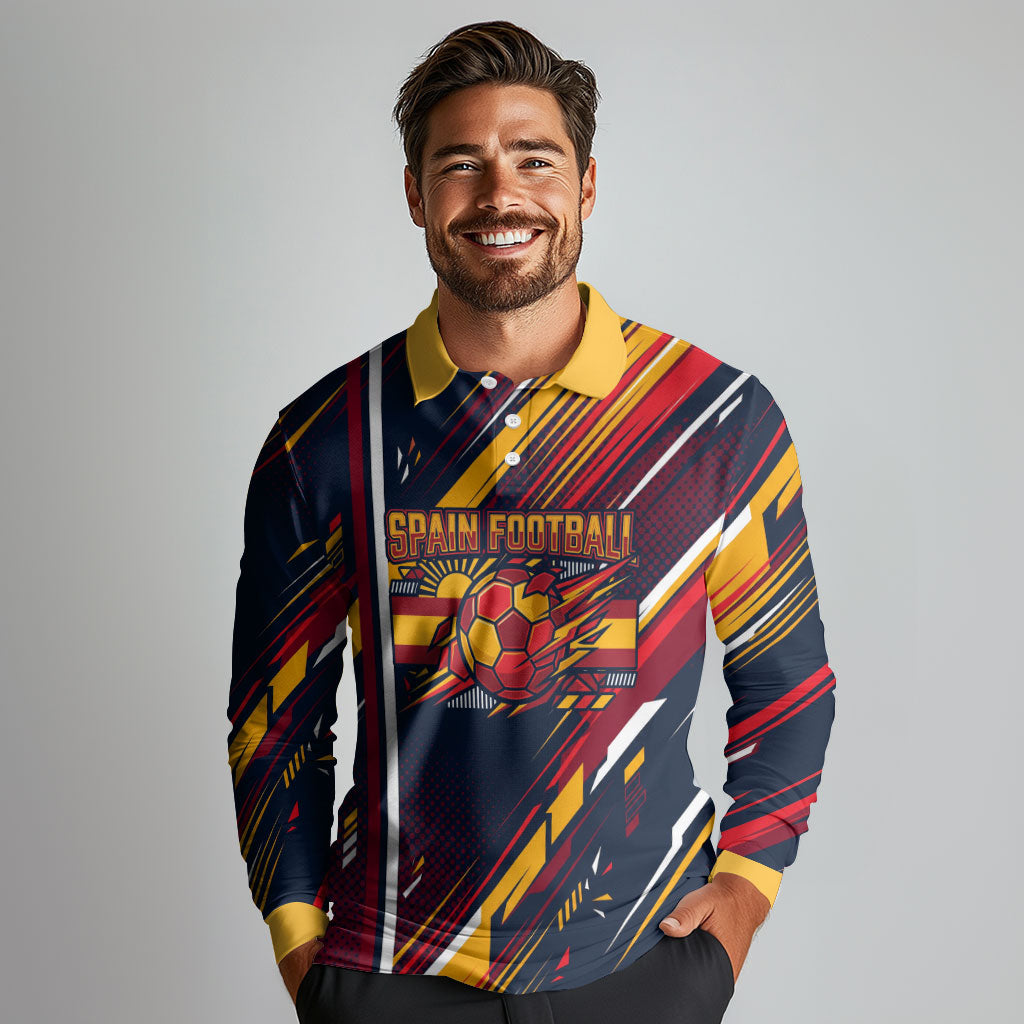 Spain Football Road To Championship Long Sleeve Polo Shirt Bull Mascot Flying Soccer Ball - Dynamic Speed Stripes