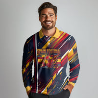 Spain Football Road To Championship Long Sleeve Polo Shirt Bull Mascot Flying Soccer Ball - Dynamic Speed Stripes