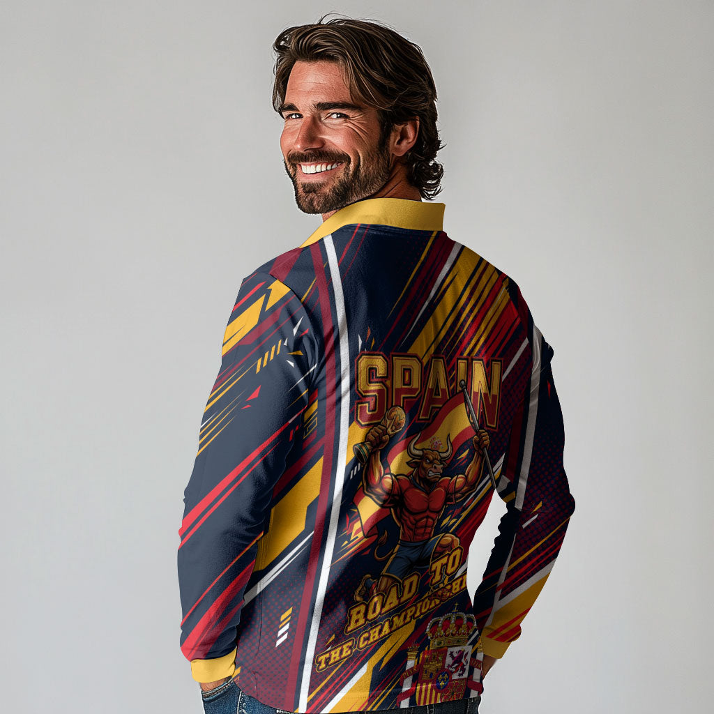 Spain Football Road To Championship Long Sleeve Polo Shirt Bull Mascot Flying Soccer Ball - Dynamic Speed Stripes