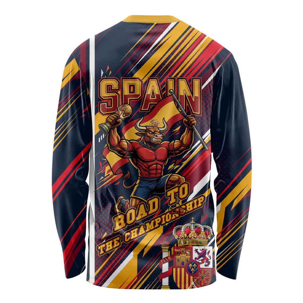 Spain Football Road To Championship Long Sleeve Shirt Bull Mascot Flying Soccer Ball - Dynamic Speed Stripes