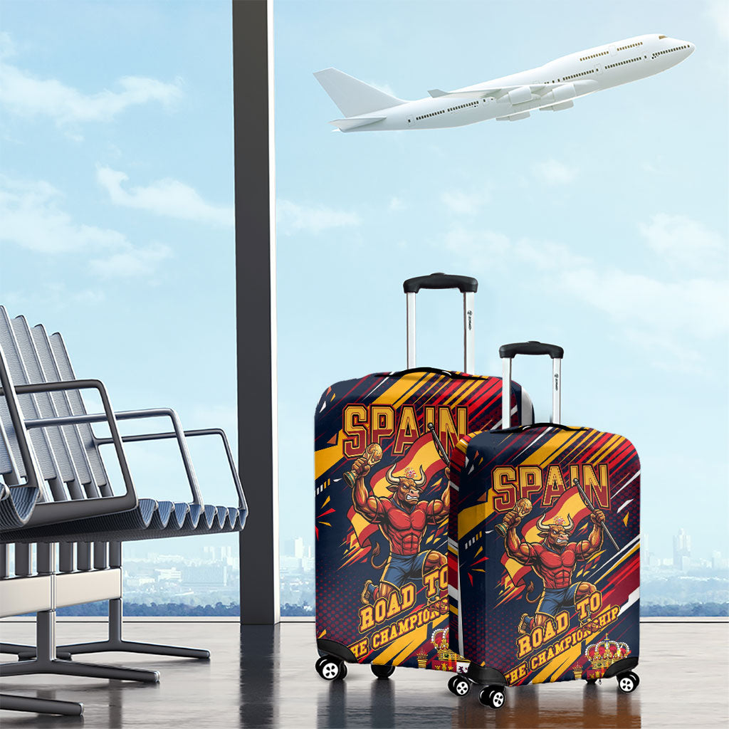 Spain Football Road To Championship Luggage Cover Bull Mascot Flying Soccer Ball - Dynamic Speed Stripes