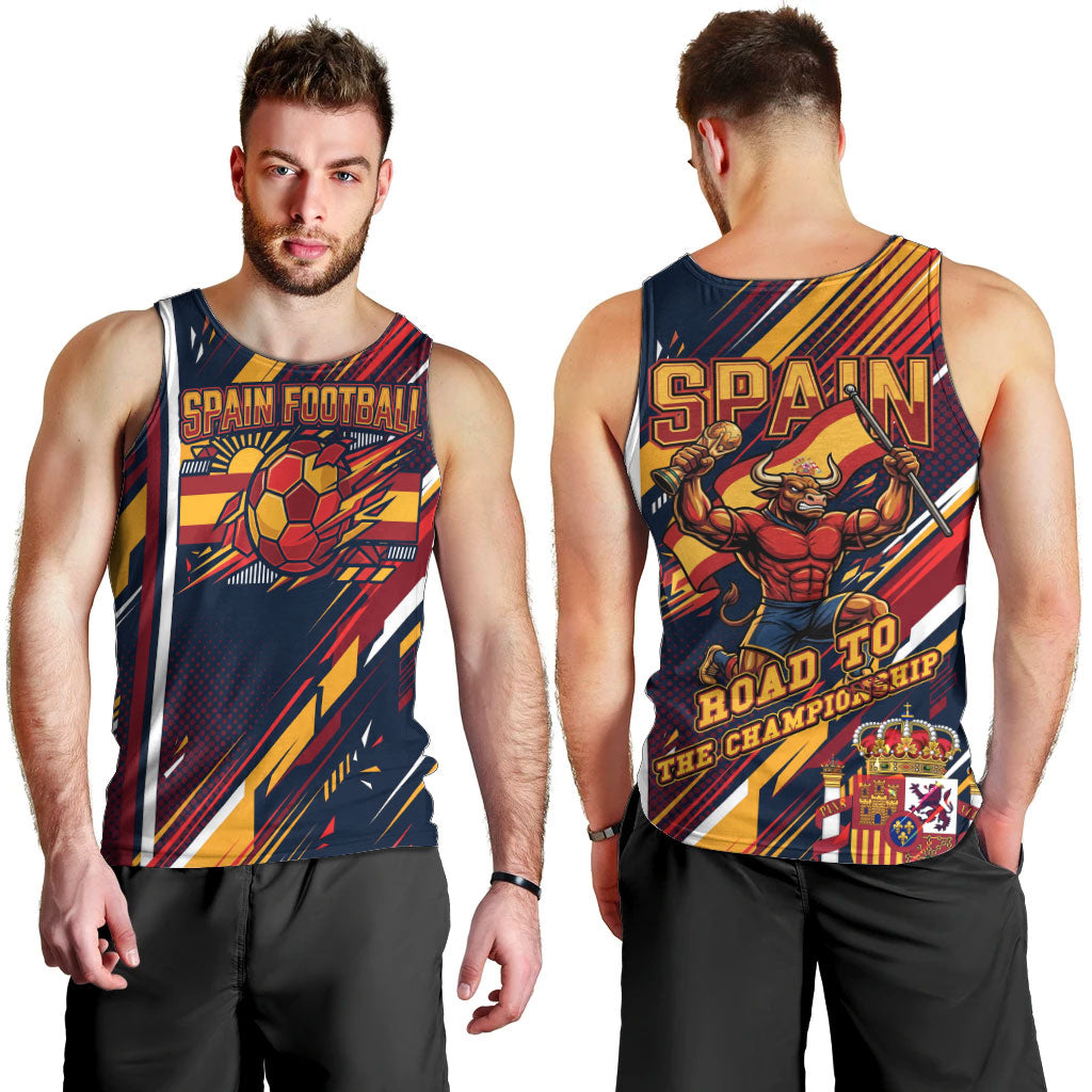 Spain Football Road To Championship Men Tank Top Bull Mascot Flying Soccer Ball - Dynamic Speed Stripes