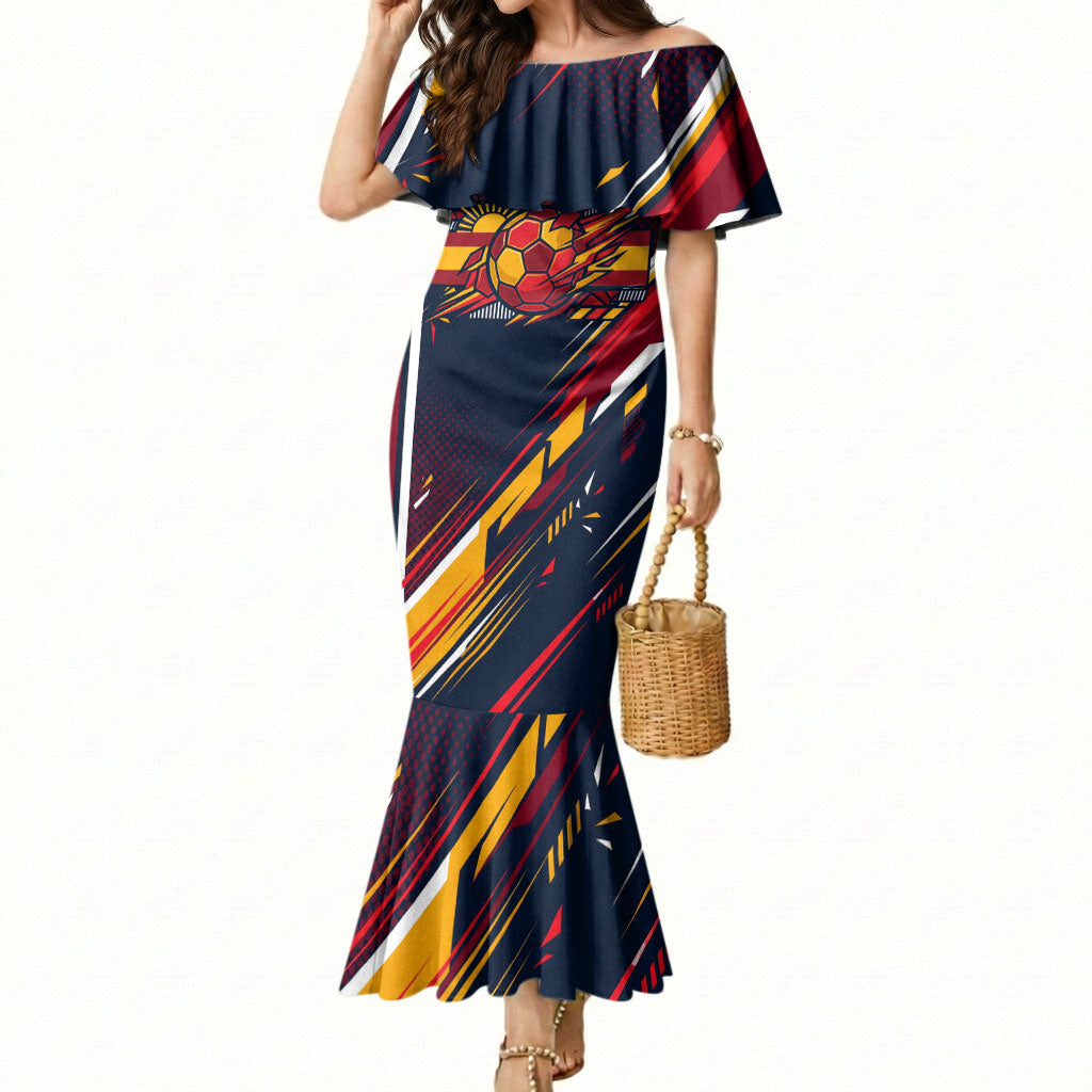Spain Football Road To Championship Mermaid Dress Bull Mascot Flying Soccer Ball - Dynamic Speed Stripes
