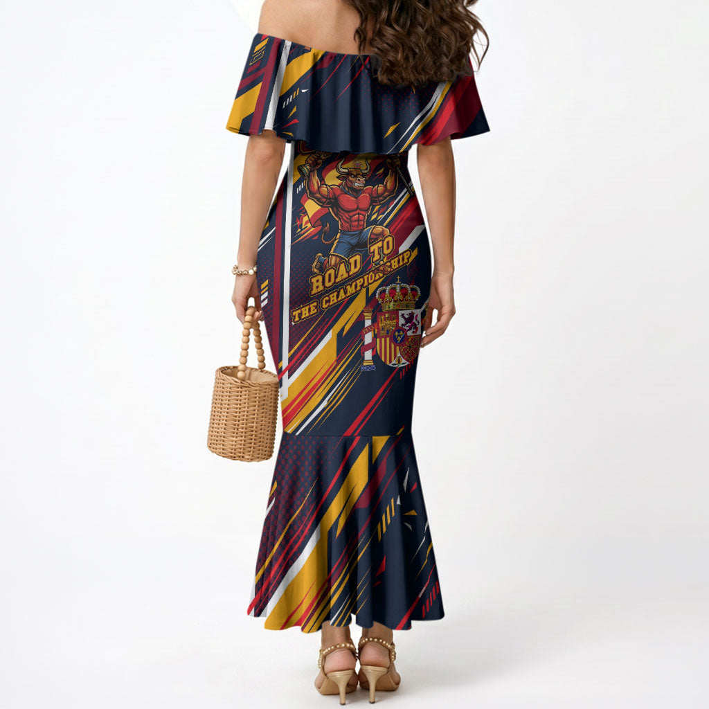 Spain Football Road To Championship Mermaid Dress Bull Mascot Flying Soccer Ball - Dynamic Speed Stripes