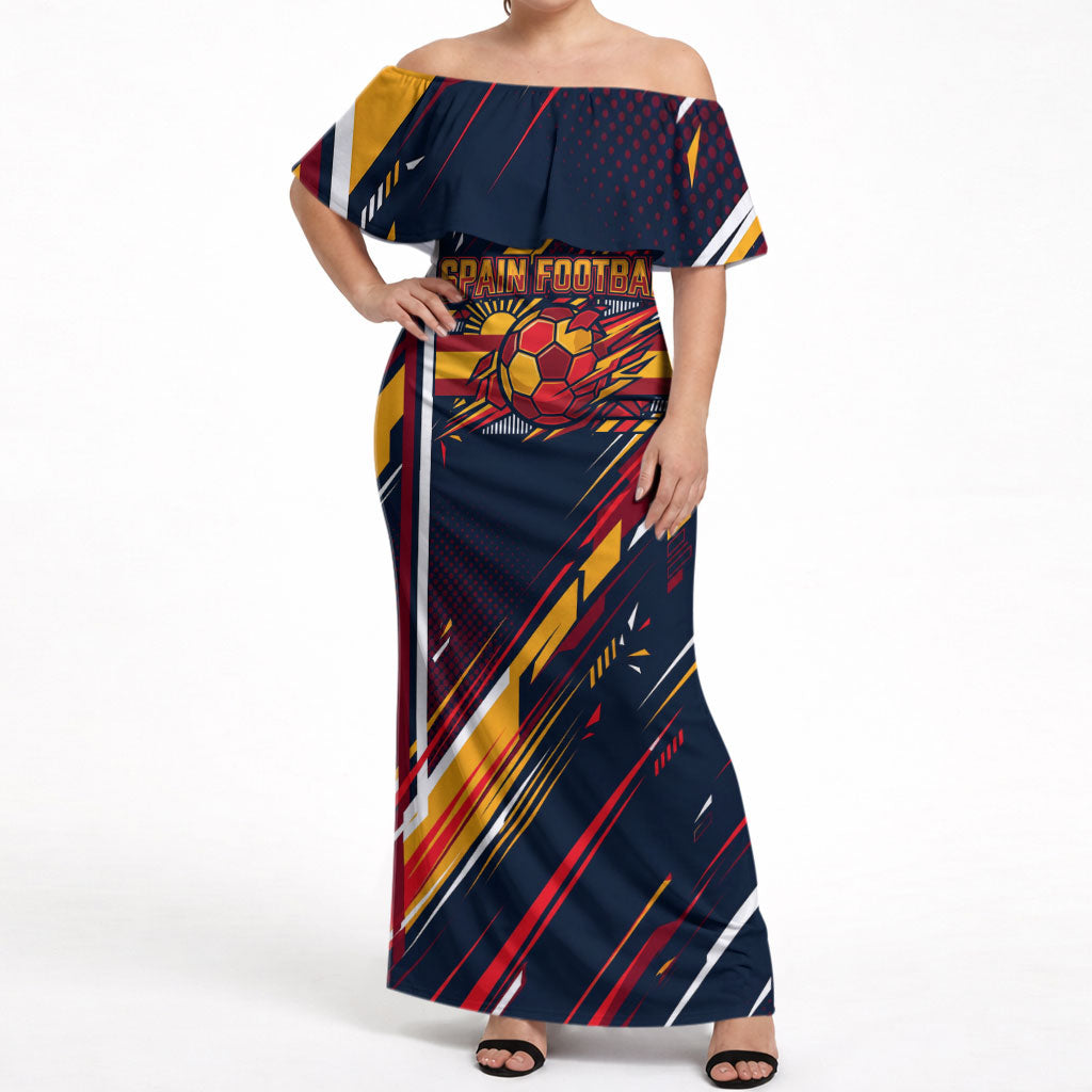 Spain Football Road To Championship Off Shoulder Maxi Dress Bull Mascot Flying Soccer Ball - Dynamic Speed Stripes