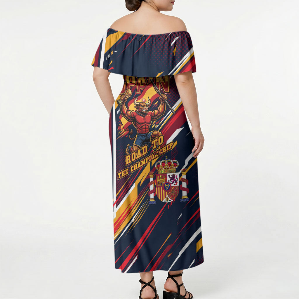 Spain Football Road To Championship Off Shoulder Maxi Dress Bull Mascot Flying Soccer Ball - Dynamic Speed Stripes
