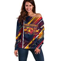 Spain Football Road To Championship Off Shoulder Sweater Bull Mascot Flying Soccer Ball - Dynamic Speed Stripes