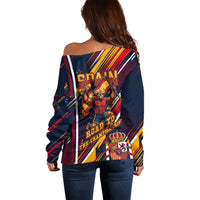 Spain Football Road To Championship Off Shoulder Sweater Bull Mascot Flying Soccer Ball - Dynamic Speed Stripes