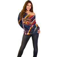 Spain Football Road To Championship Off Shoulder Sweater Bull Mascot Flying Soccer Ball - Dynamic Speed Stripes