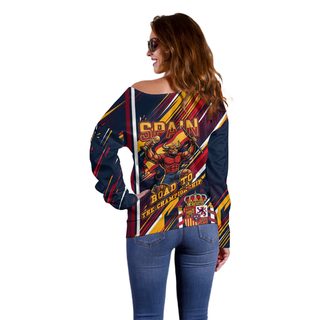 Spain Football Road To Championship Off Shoulder Sweater Bull Mascot Flying Soccer Ball - Dynamic Speed Stripes
