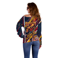 Spain Football Road To Championship Off Shoulder Sweater Bull Mascot Flying Soccer Ball - Dynamic Speed Stripes