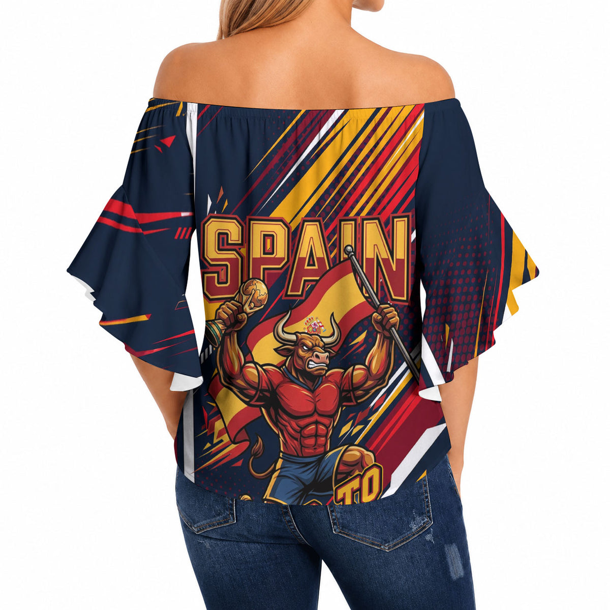 Spain Football Road To Championship Off Shoulder Wrap Waist Top Bull Mascot Flying Soccer Ball - Dynamic Speed Stripes
