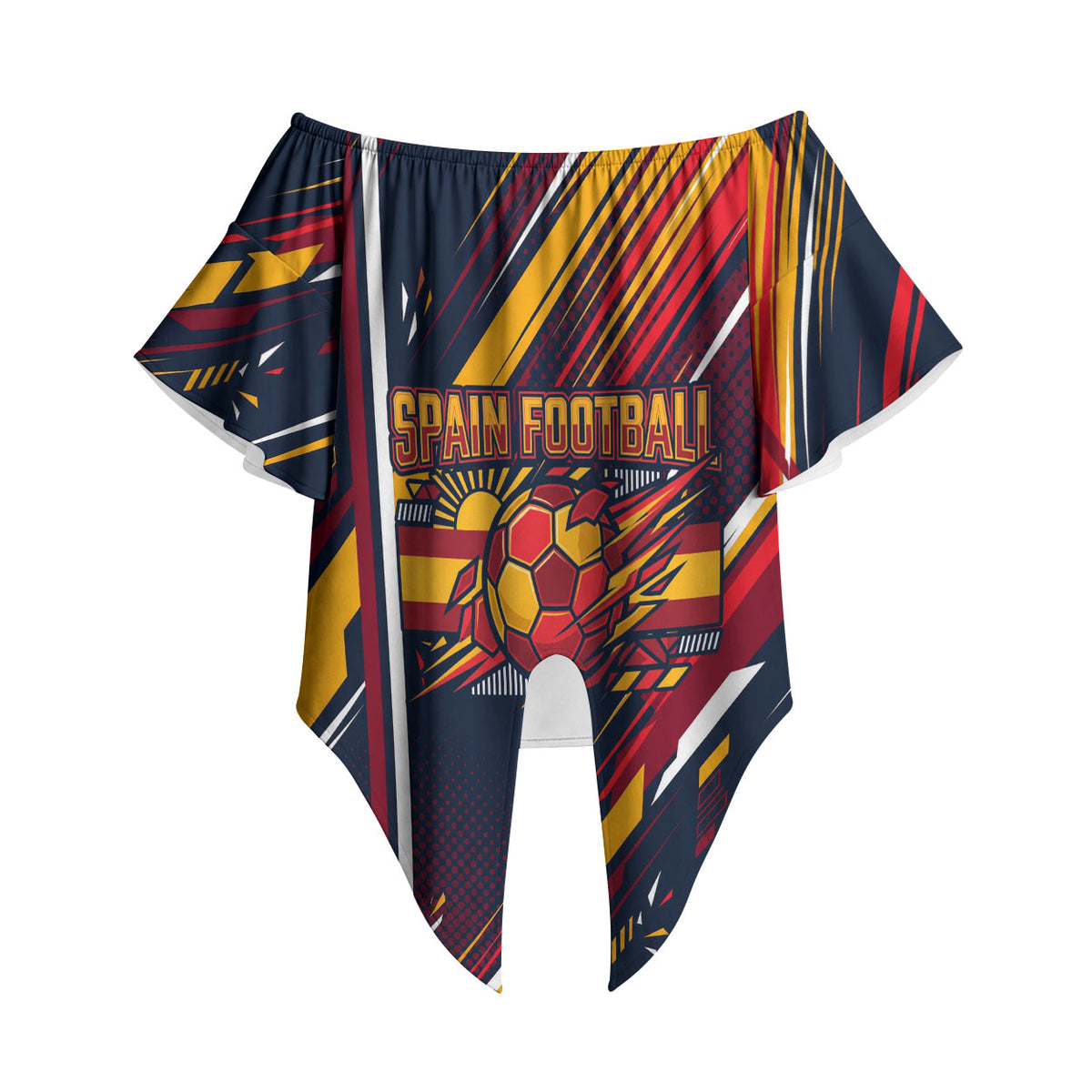 Spain Football Road To Championship Off Shoulder Wrap Waist Top Bull Mascot Flying Soccer Ball - Dynamic Speed Stripes
