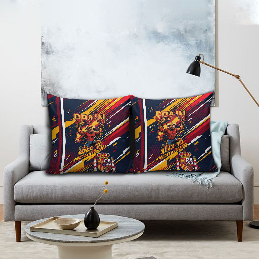 Spain Football Road To Championship Pillow Cover Bull Mascot Flying Soccer Ball - Dynamic Speed Stripes