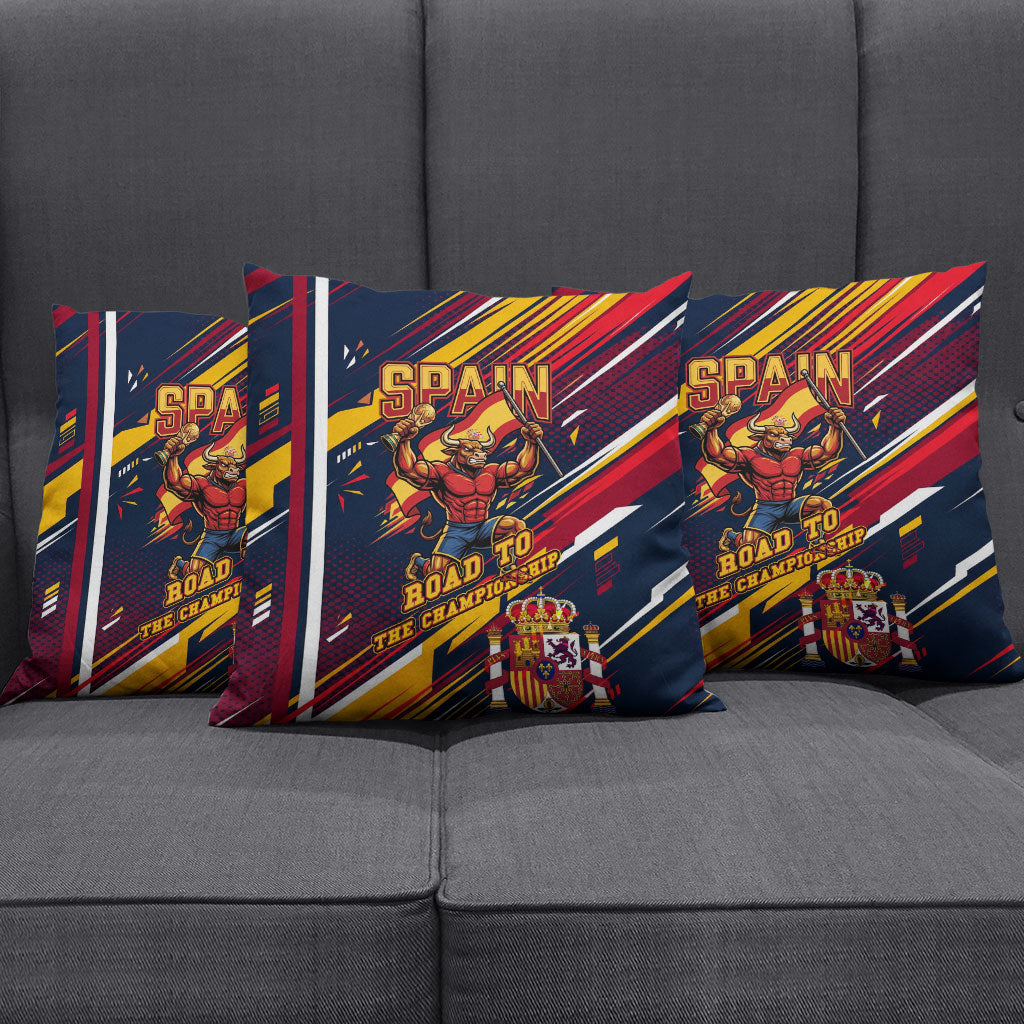 Spain Football Road To Championship Pillow Cover Bull Mascot Flying Soccer Ball - Dynamic Speed Stripes