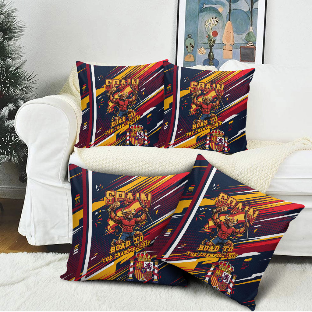 Spain Football Road To Championship Pillow Cover Bull Mascot Flying Soccer Ball - Dynamic Speed Stripes