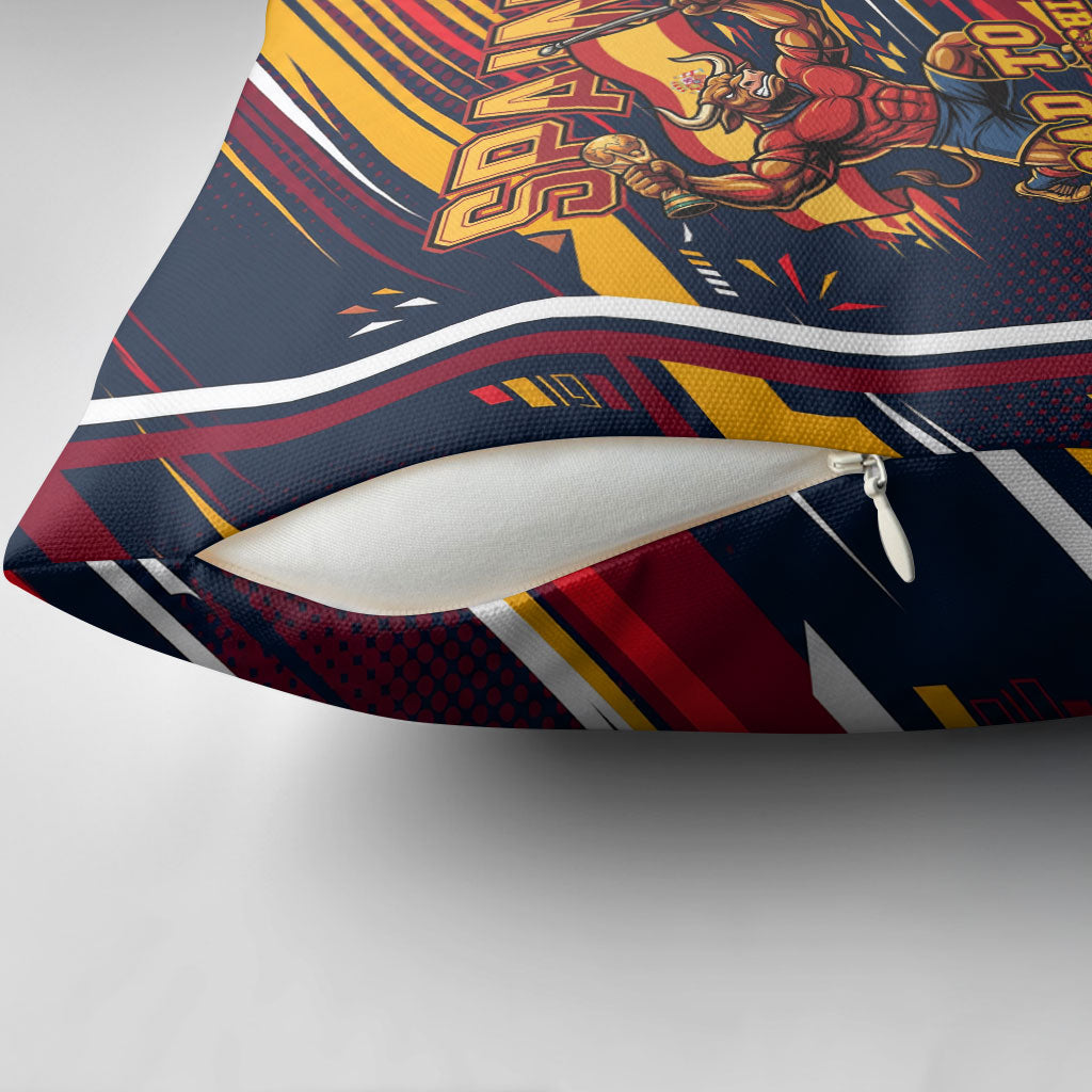 Spain Football Road To Championship Pillow Cover Bull Mascot Flying Soccer Ball - Dynamic Speed Stripes