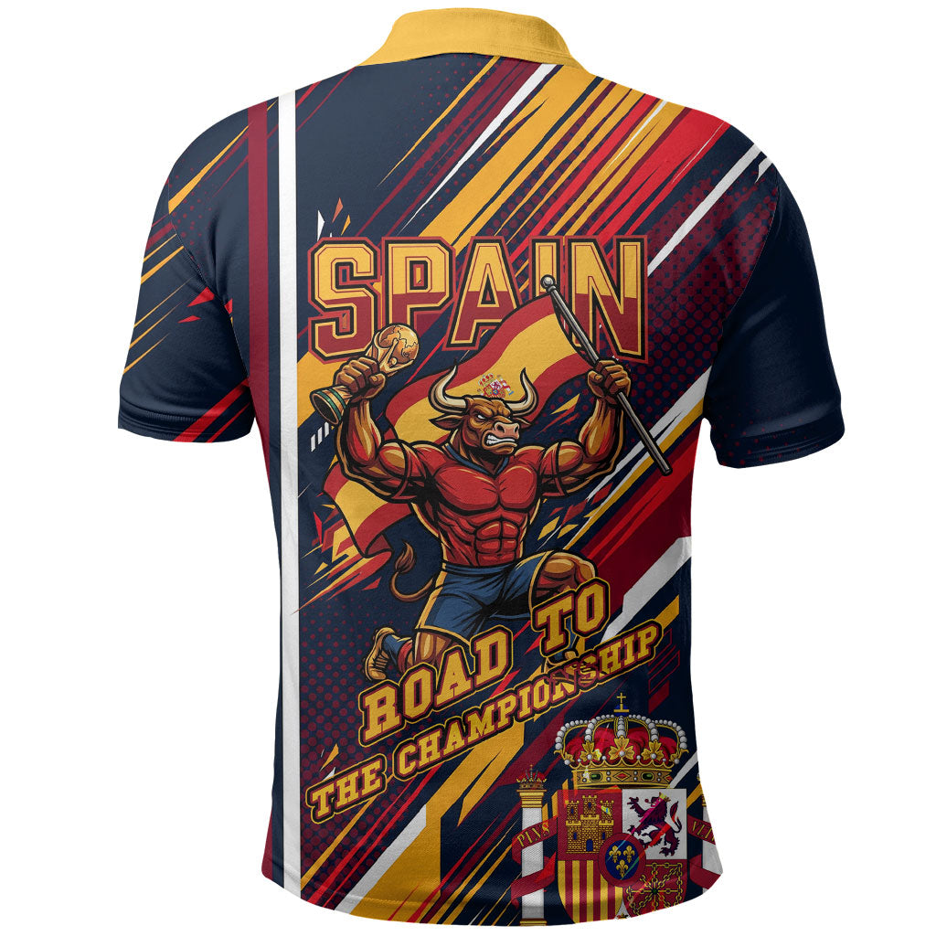 Spain Football Road To Championship Polo Shirt Bull Mascot Flying Soccer Ball - Dynamic Speed Stripes