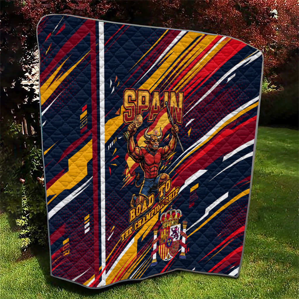 Spain Football Road To Championship Quilt Bull Mascot Flying Soccer Ball - Dynamic Speed Stripes
