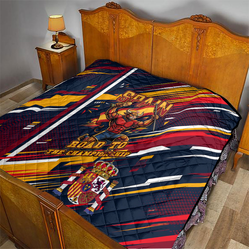Spain Football Road To Championship Quilt Bull Mascot Flying Soccer Ball - Dynamic Speed Stripes