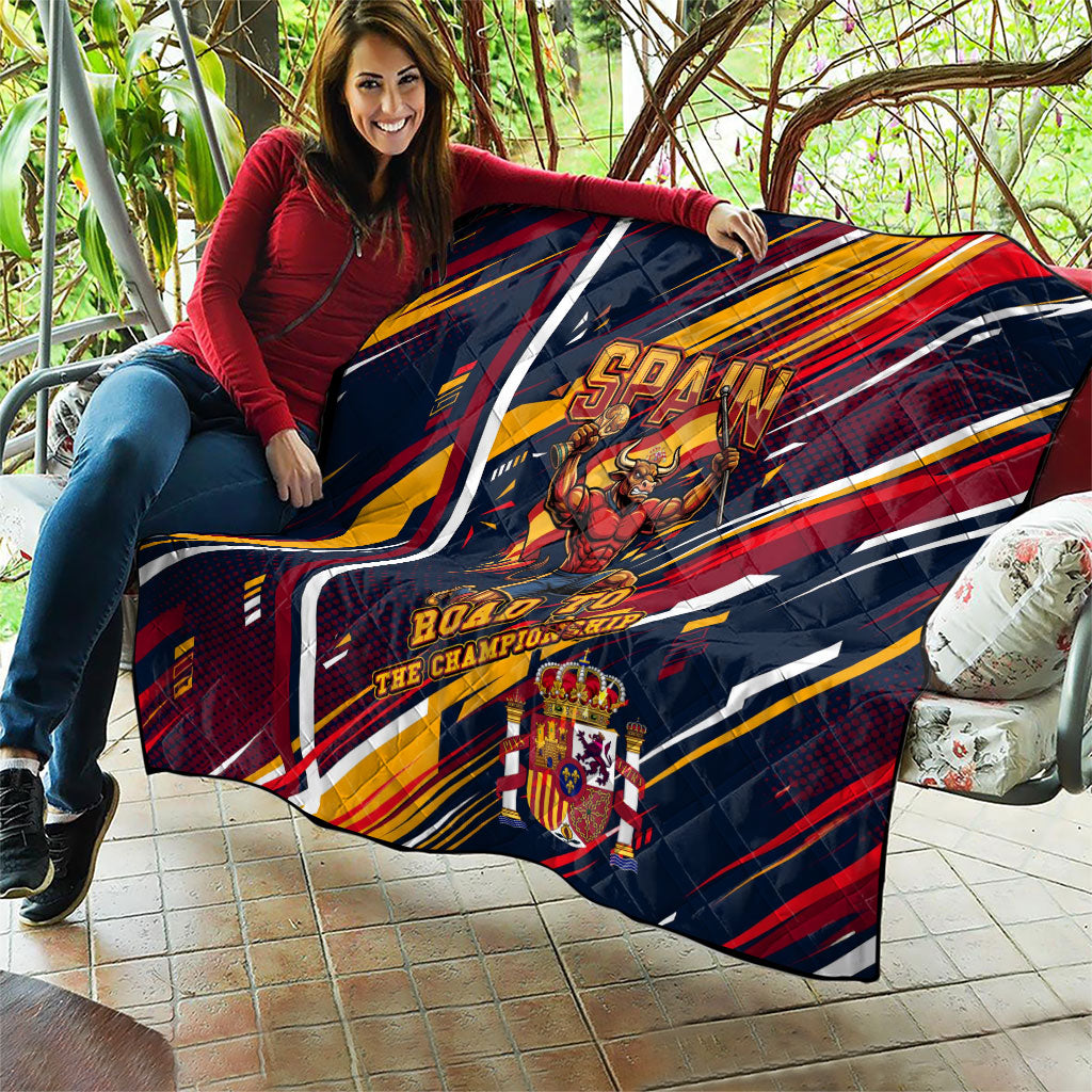 Spain Football Road To Championship Quilt Bull Mascot Flying Soccer Ball - Dynamic Speed Stripes