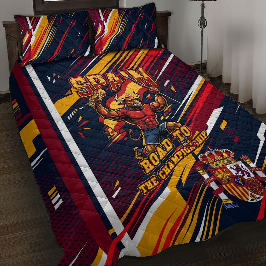 Spain Football Road To Championship Quilt Bed Set Bull Mascot Flying Soccer Ball - Dynamic Speed Stripes
