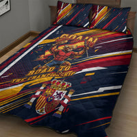 Spain Football Road To Championship Quilt Bed Set Bull Mascot Flying Soccer Ball - Dynamic Speed Stripes