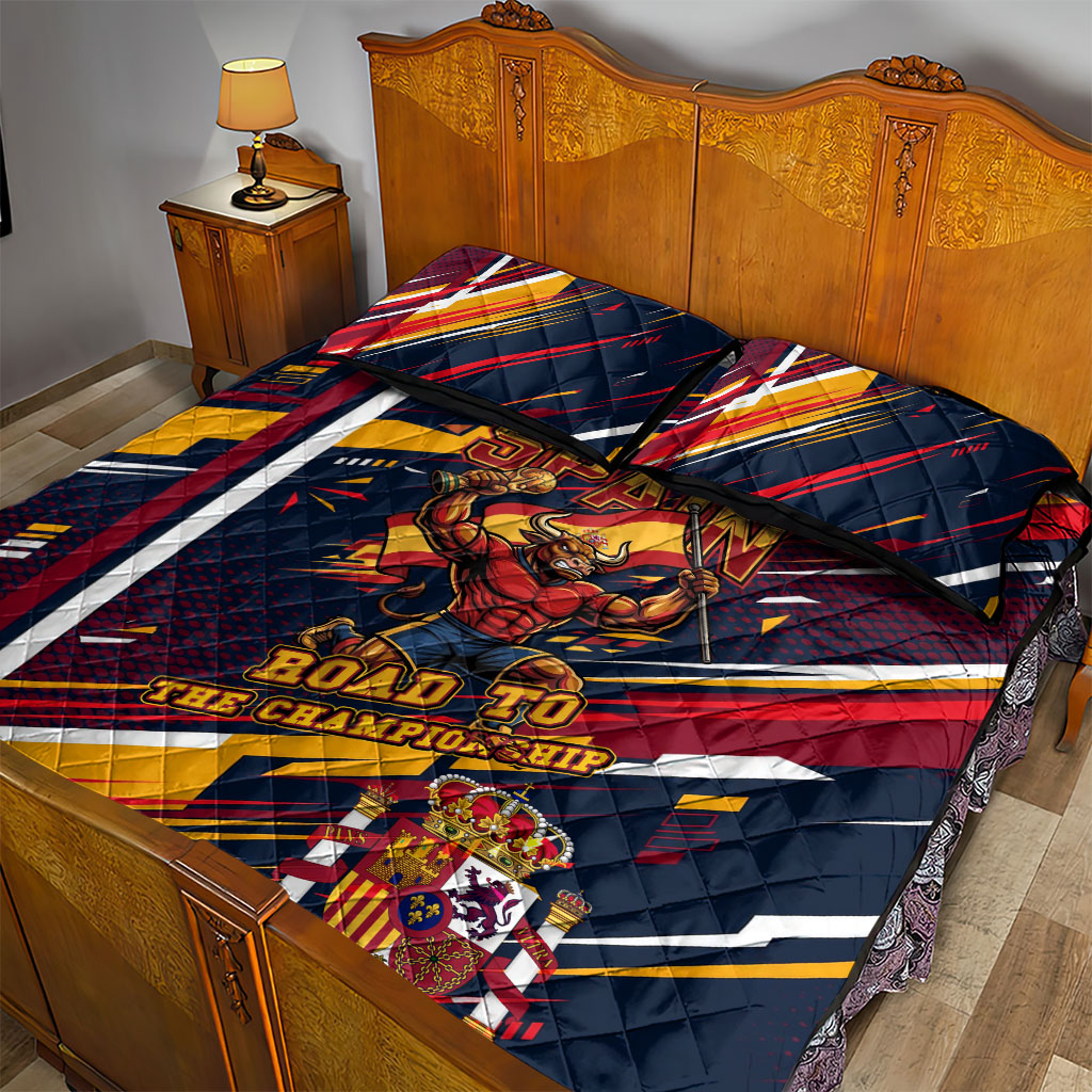 Spain Football Road To Championship Quilt Bed Set Bull Mascot Flying Soccer Ball - Dynamic Speed Stripes