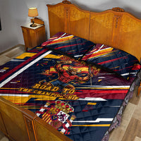 Spain Football Road To Championship Quilt Bed Set Bull Mascot Flying Soccer Ball - Dynamic Speed Stripes