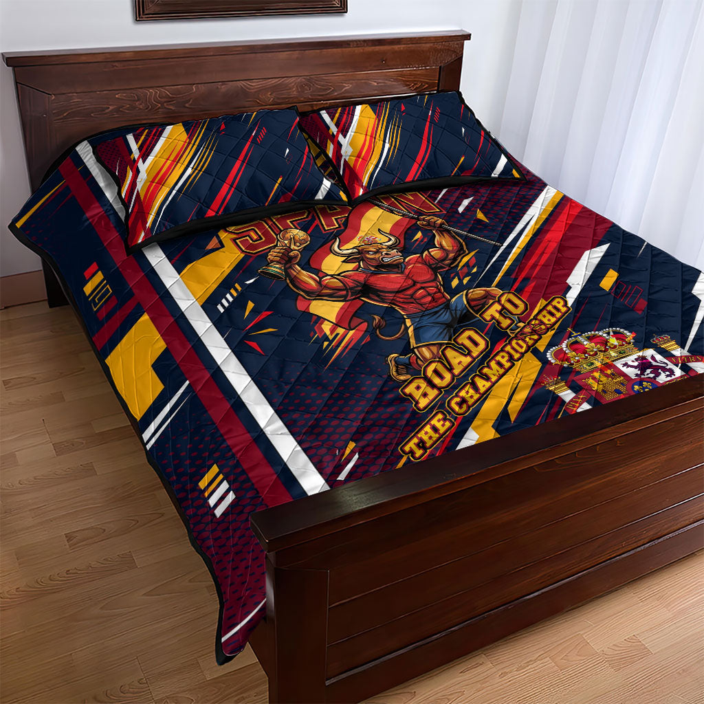 Spain Football Road To Championship Quilt Bed Set Bull Mascot Flying Soccer Ball - Dynamic Speed Stripes