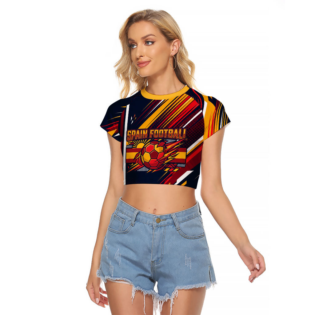 Spain Football Road To Championship Raglan Cropped T Shirt Bull Mascot Flying Soccer Ball - Dynamic Speed Stripes