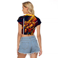 Spain Football Road To Championship Raglan Cropped T Shirt Bull Mascot Flying Soccer Ball - Dynamic Speed Stripes