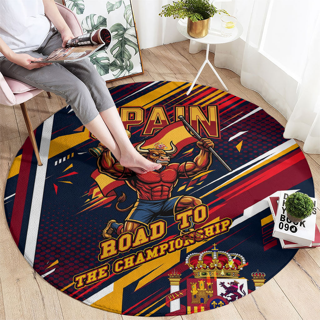 Spain Football Road To Championship Round Carpet Bull Mascot Flying Soccer Ball - Dynamic Speed Stripes