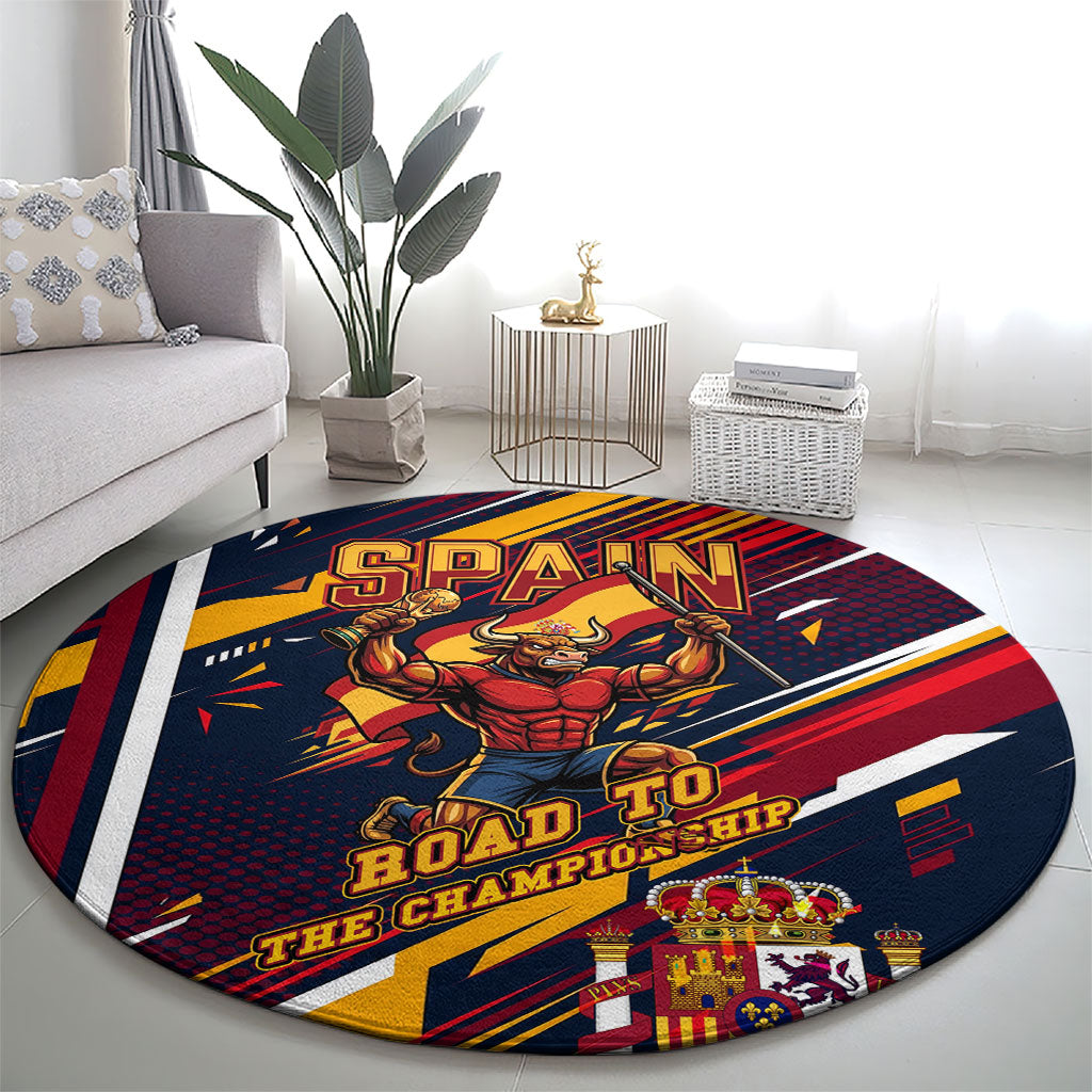 Spain Football Road To Championship Round Carpet Bull Mascot Flying Soccer Ball - Dynamic Speed Stripes
