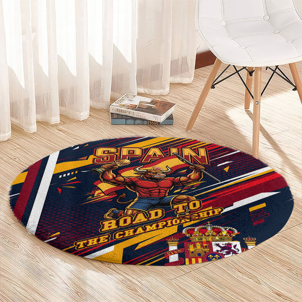 Spain Football Road To Championship Round Carpet Bull Mascot Flying Soccer Ball - Dynamic Speed Stripes