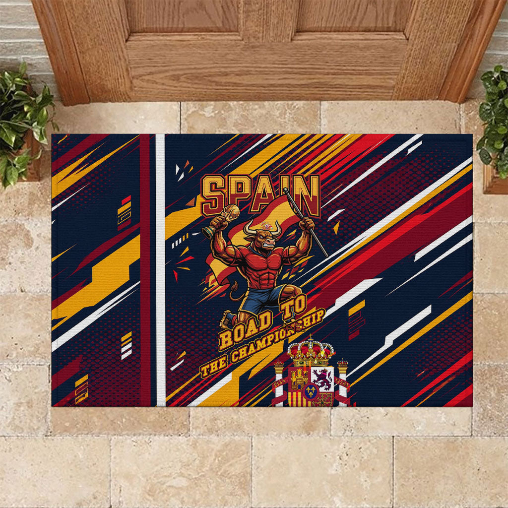 Spain Football Road To Championship Rubber Doormat Bull Mascot Flying Soccer Ball - Dynamic Speed Stripes