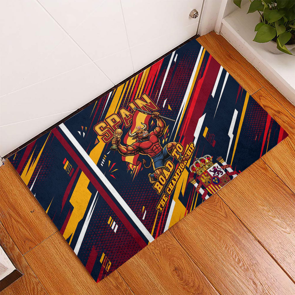 Spain Football Road To Championship Rubber Doormat Bull Mascot Flying Soccer Ball - Dynamic Speed Stripes