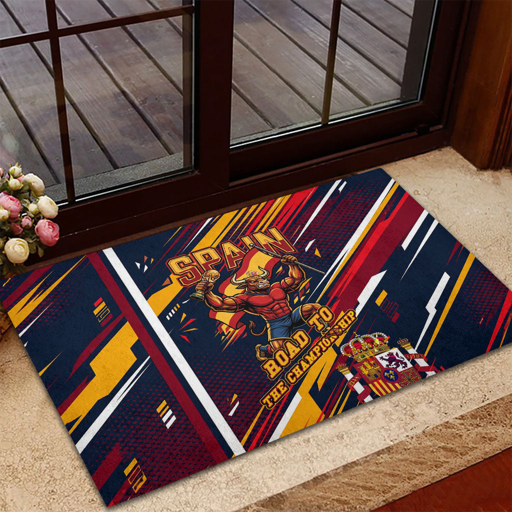 Spain Football Road To Championship Rubber Doormat Bull Mascot Flying Soccer Ball - Dynamic Speed Stripes