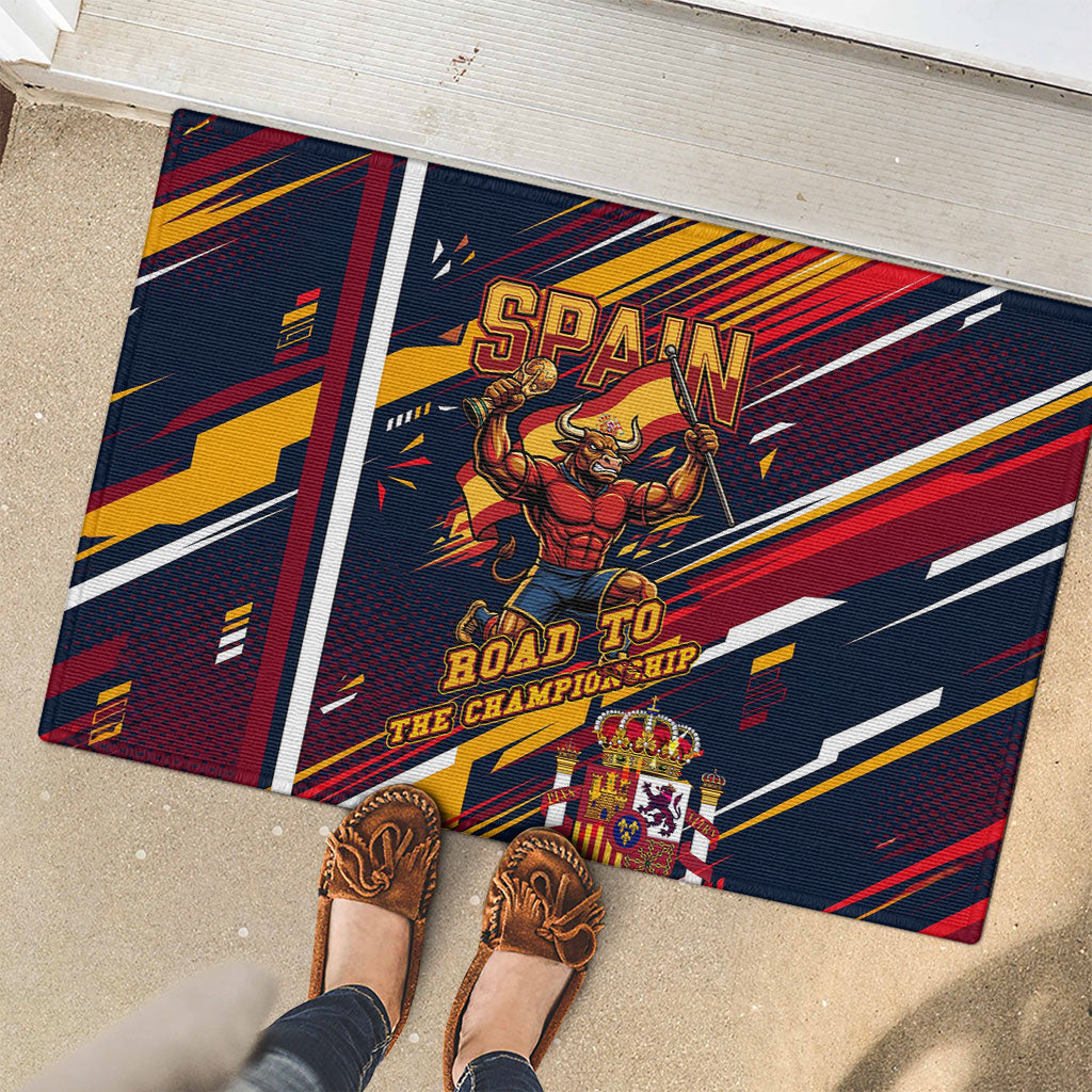 Spain Football Road To Championship Rubber Doormat Bull Mascot Flying Soccer Ball - Dynamic Speed Stripes