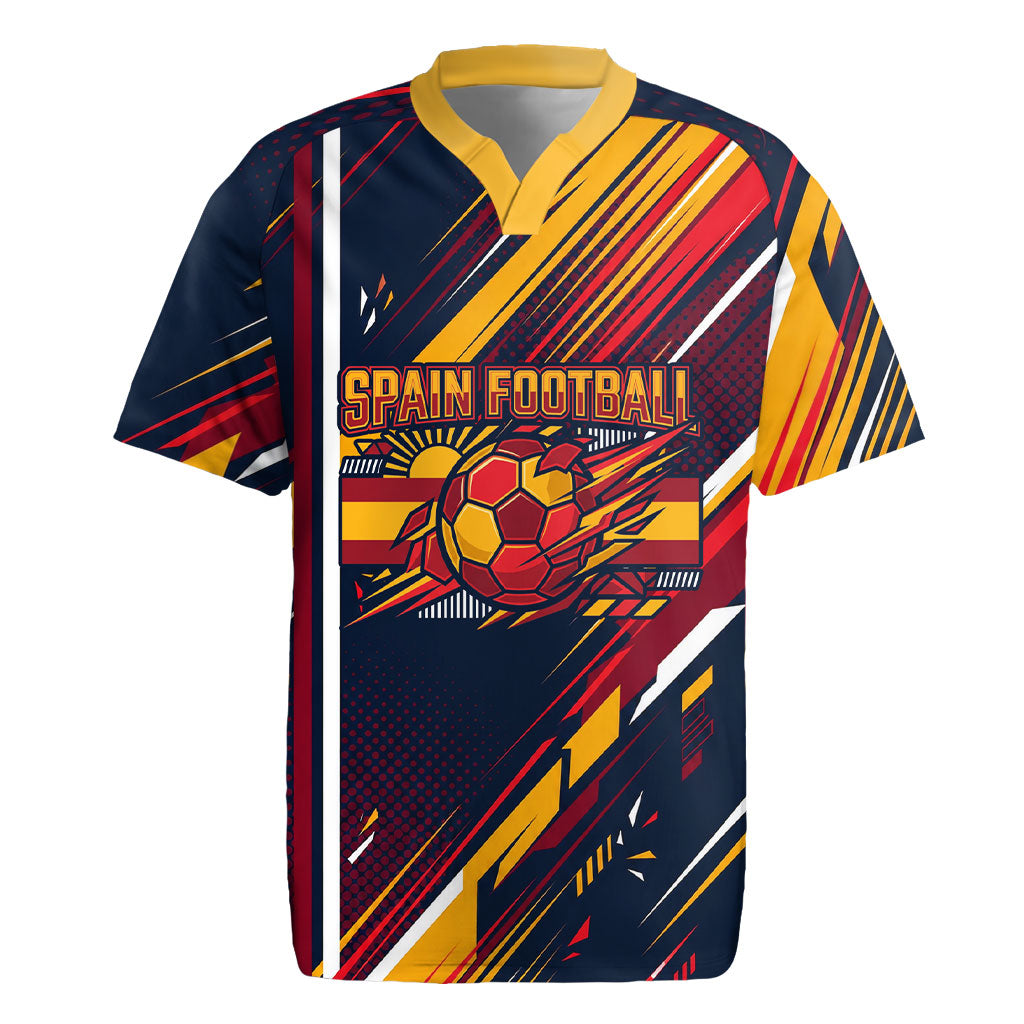 Spain Football Road To Championship Rugby Jersey Bull Mascot Flying Soccer Ball - Dynamic Speed Stripes